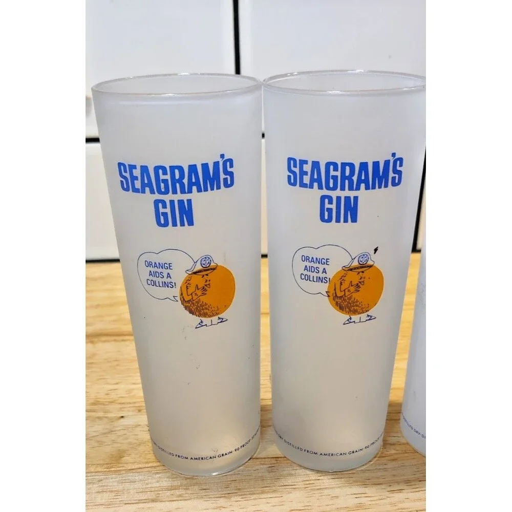 4 Seagram's Gin Glasses Collins 6.75” Tall Frosted Orange Lemon Highball